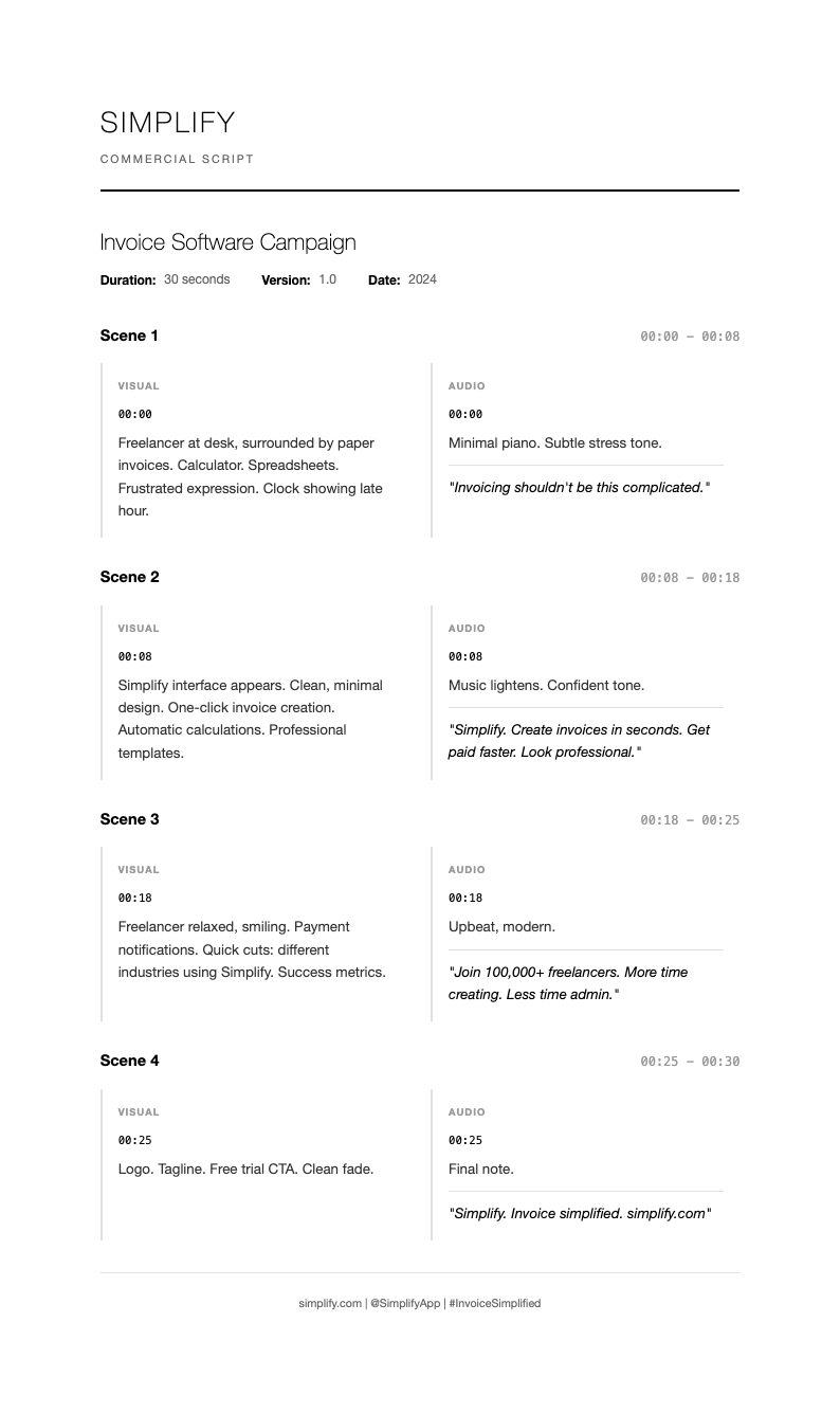 Minimalist invoice commercial script
